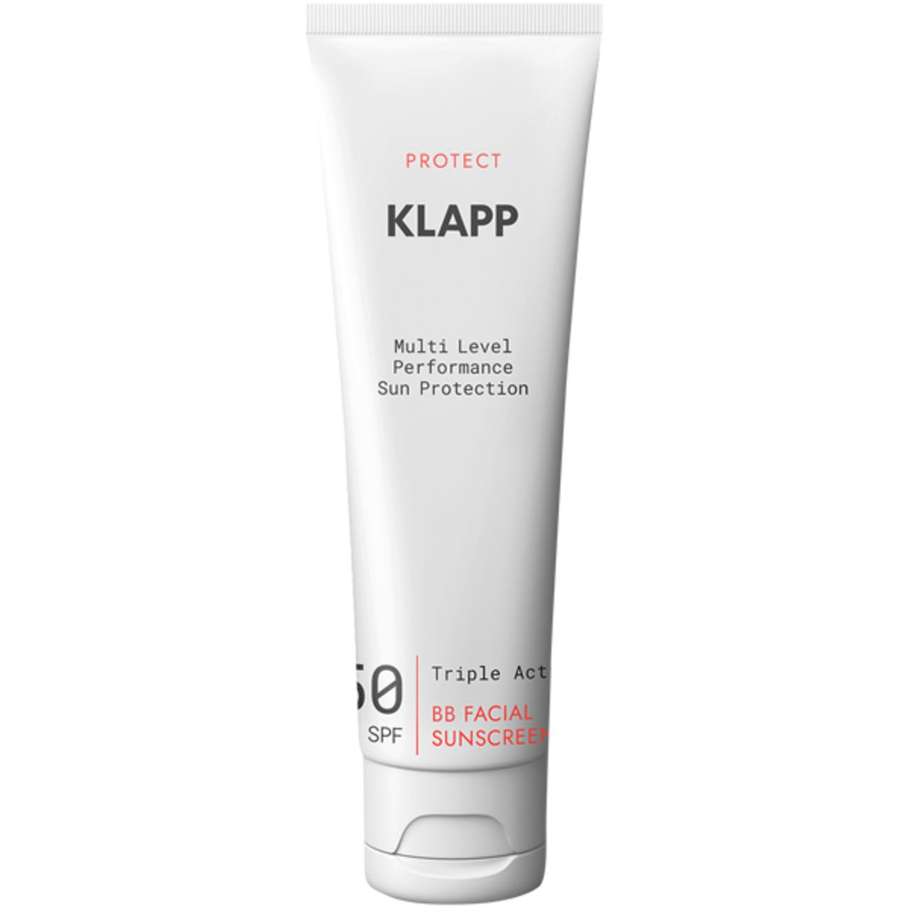 Tube blanche Klapp. Inscription: Multi Level Performance, BB 50 SPF, Triple Action Facial Sunscreen.