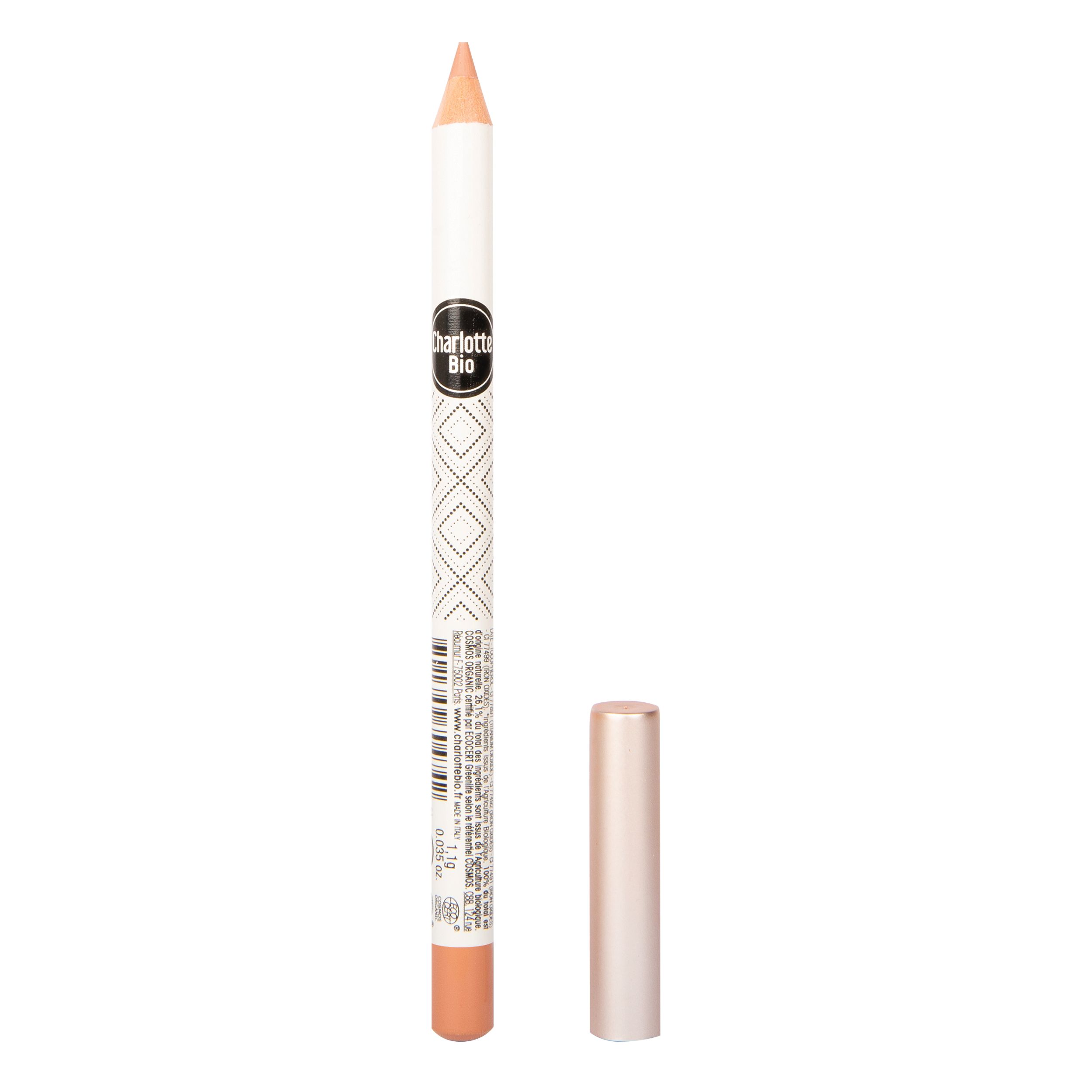 Liplinerpotlood met dop. Witte schacht met geometrisch patroon en productnaam. Punt en dop nude bruin.