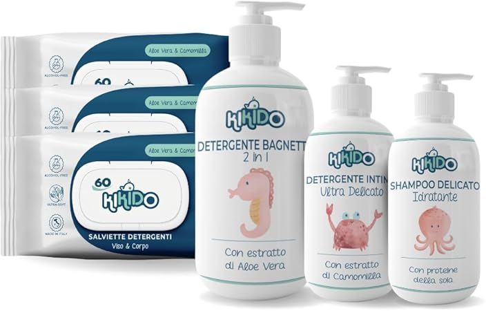 Kikido Coffret Naissance avec 3 lingettes humides, shampoing, nettoyant intime et gel de bain
