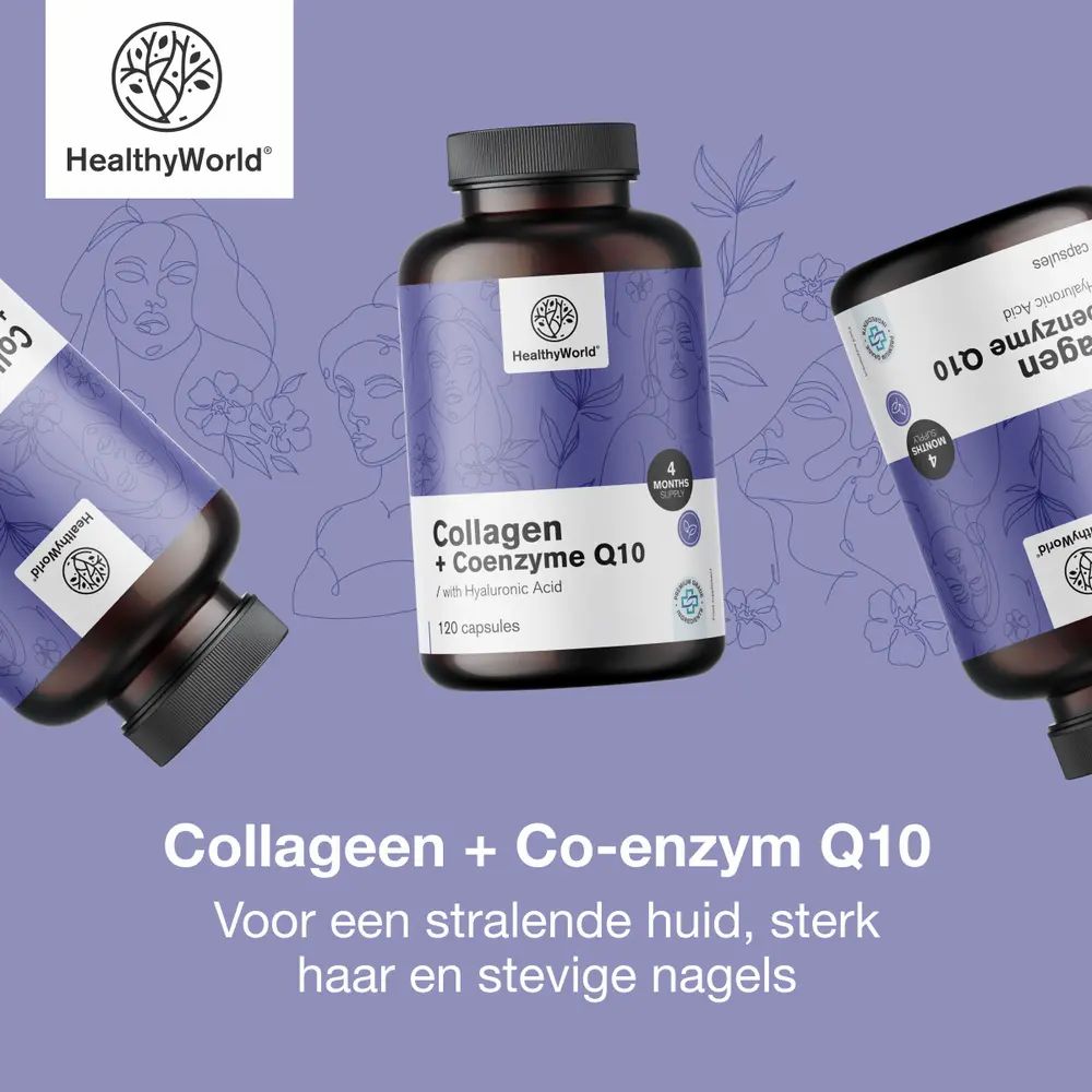 Productflessen. Tekst: Collageen + Co-enzym Q10. Merk: HealthyWorld. Achtergrond: vrouw.