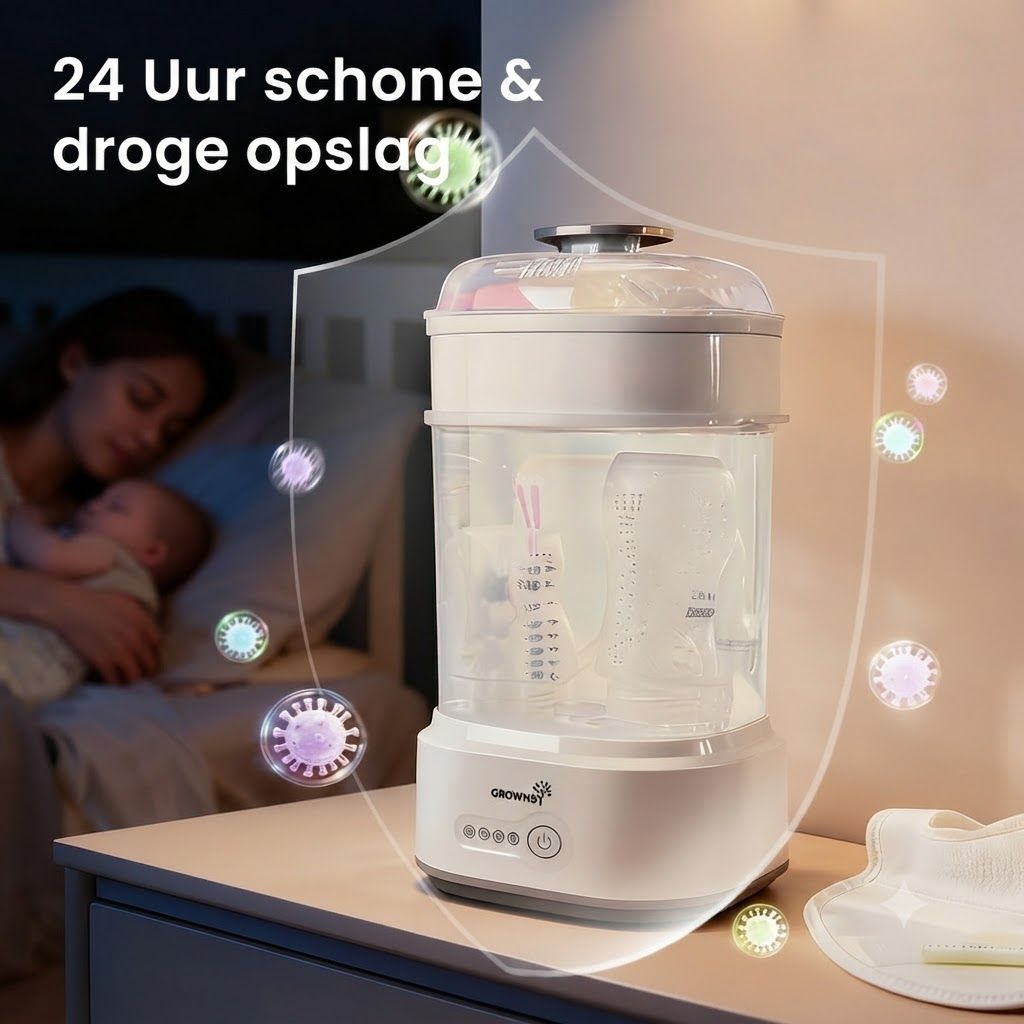 Witte babyflessensterilisator met twee transparante kamers en een zilverkleurig handvat. Bevat een babyfles.
