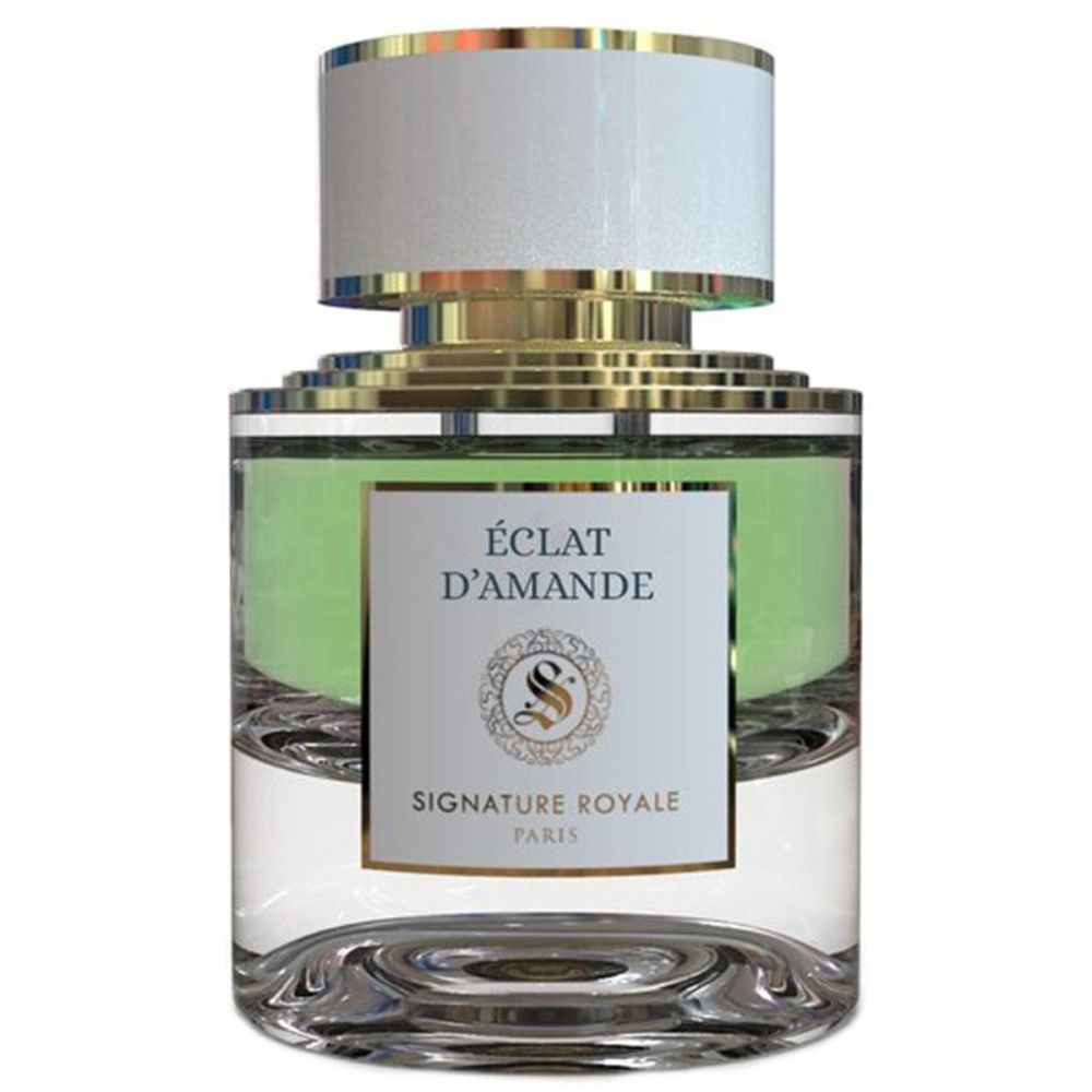 Flacon en verre avec bouchon doré et fermeture blanche. Inscription : ÉCLAT D'AMANDE, SIGNATURE ROYALE PARIS.