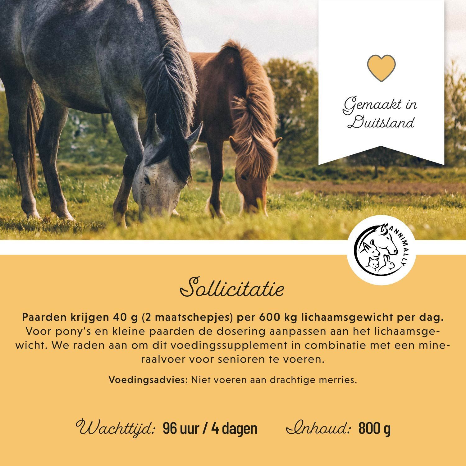 Twee paarden in weiland. Tekst: Toepassing. 800 g. Logo met paard, hond en konijn. Gemaakt in Duitsland.