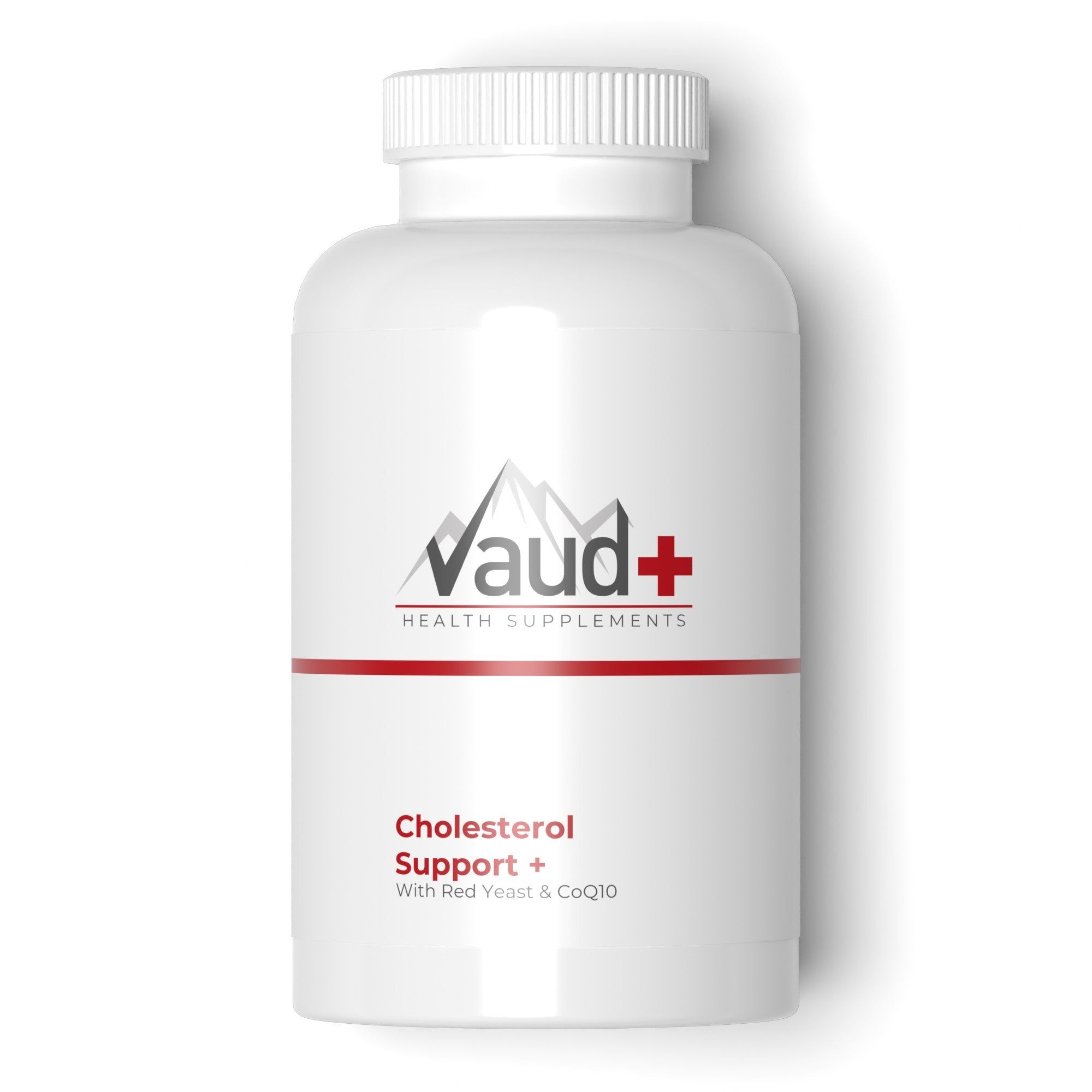 Flacon blanc avec lettrage rouge et noir. Contient "Vaud+" et "Cholesterol Support +" avec levure rouge et CoQ10.