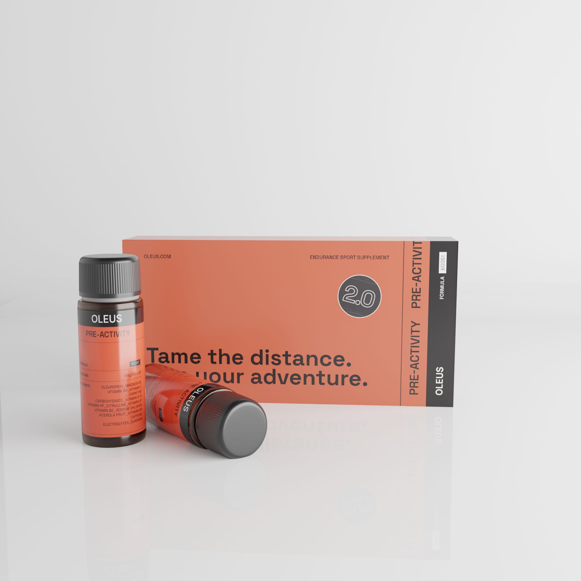 Emballage produit avec deux bouteilles. Une debout, une couchée. Boîte orange avec texte. Nom du produit OLEUS.