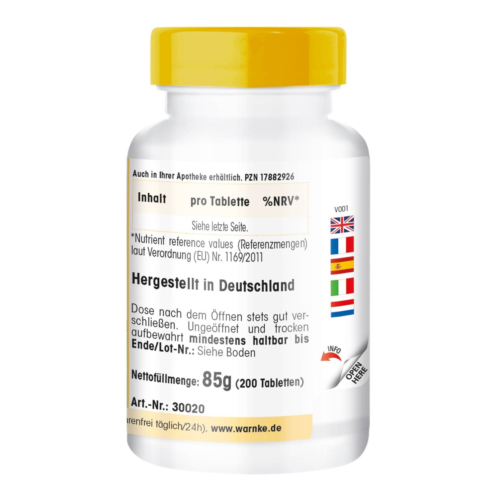 Dos du flacon de pilules. Texte: Contenu par comprimé, fabriqué en Allemagne, poids net 85g (200 comprimés).