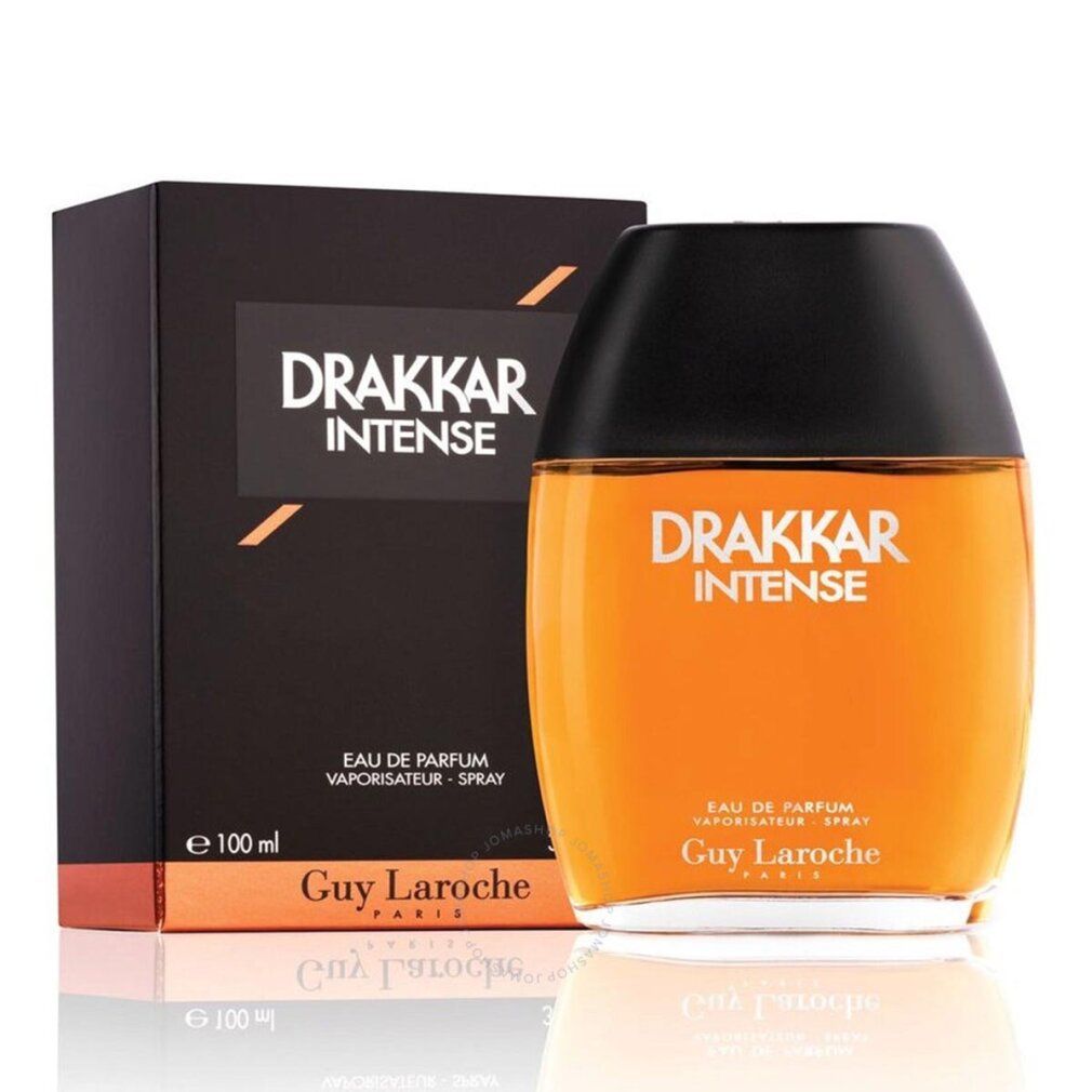 Flacon et emballage Drakkar Intense. Boîte noire avec accents orange. Inscription: Drakkar Intense, Guy Laroche.