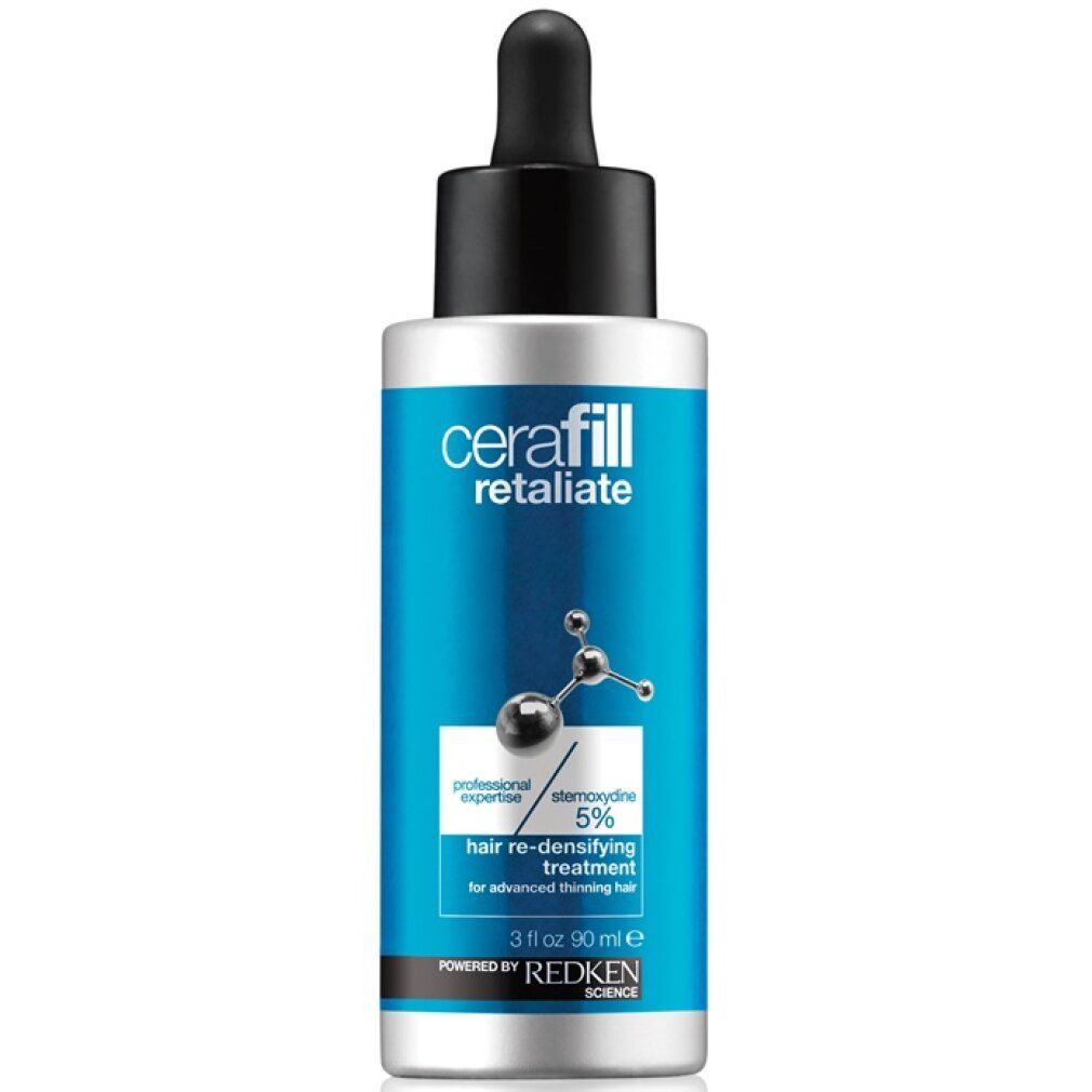 Cerafill Retaliate-behandeling. Blauwe fles met zwarte druppelaar. Bevat 5% Stemoxydine. Voor dunner wordend haar.