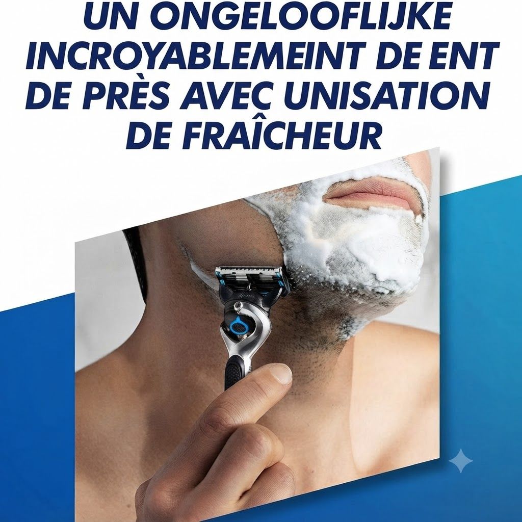 Un homme se rase le visage avec un rasoir à cinq lames et de la mousse à raser.