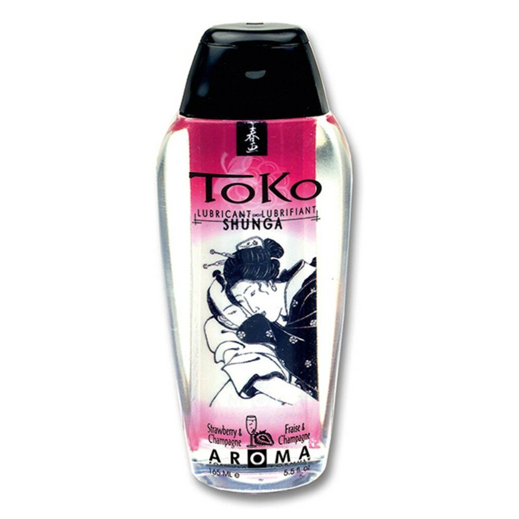 Flacon de lubrifiant transparent avec bouchon noir et étiquette ornée d'une illustration japonaise et du texte "ToKo SHUNGA AROMA".