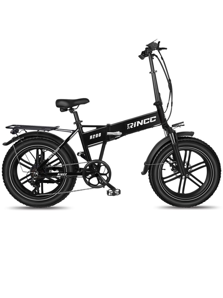 Vélo électrique pliable noir. Porte-bagages, garde-boue, selle, pneus. Texte "R200" et "RINCC".