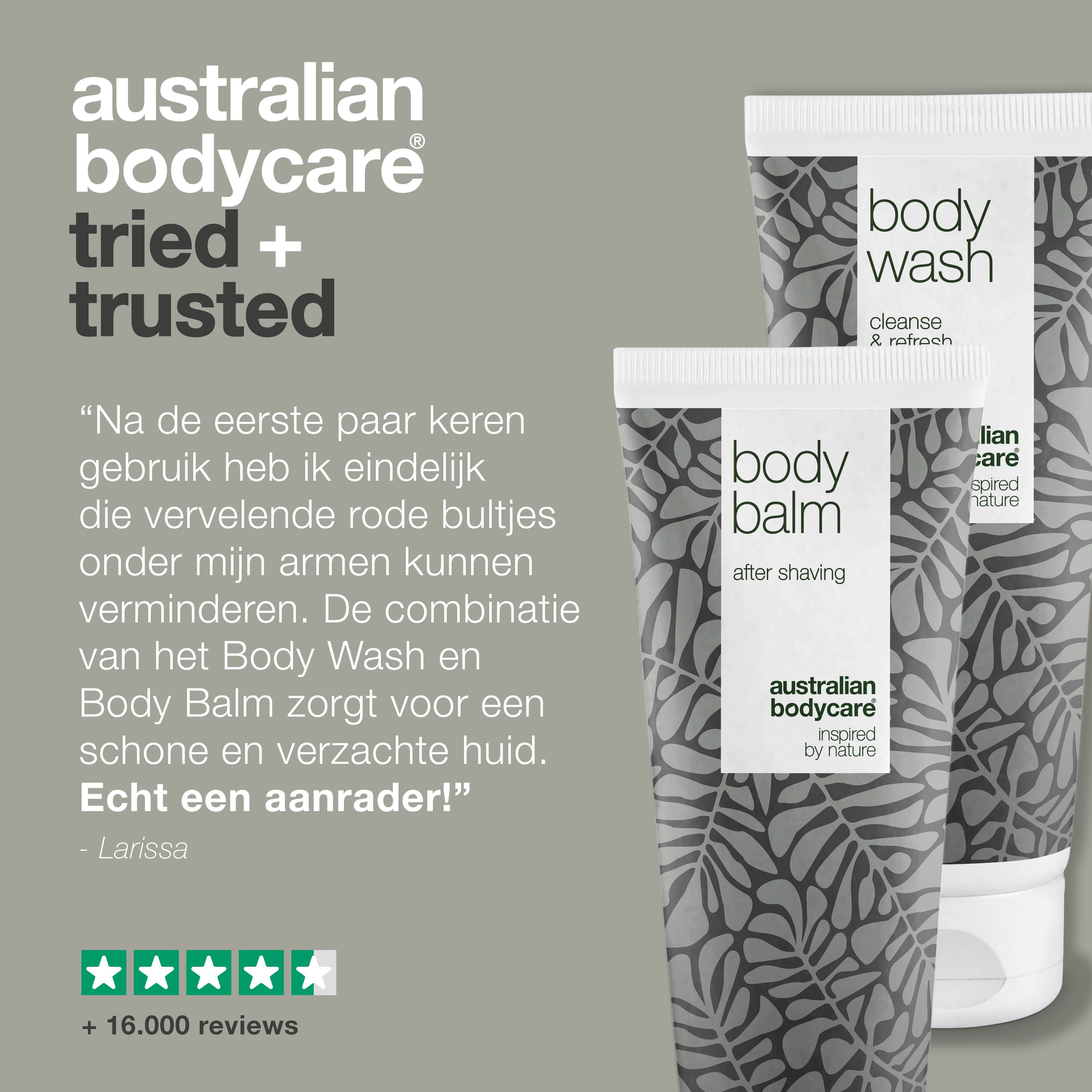 Twee tubes "Body Wash" en "Body Balm". Tekst: Na een paar keer minder rode bultjes.