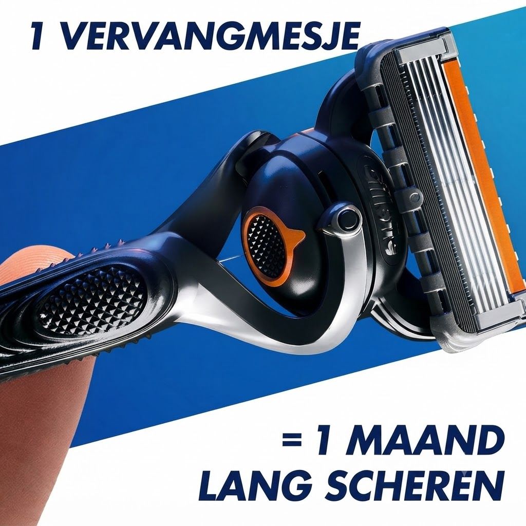 Een scheermes met vijf mesjes en een zwarte handgreep met oranje accenten.