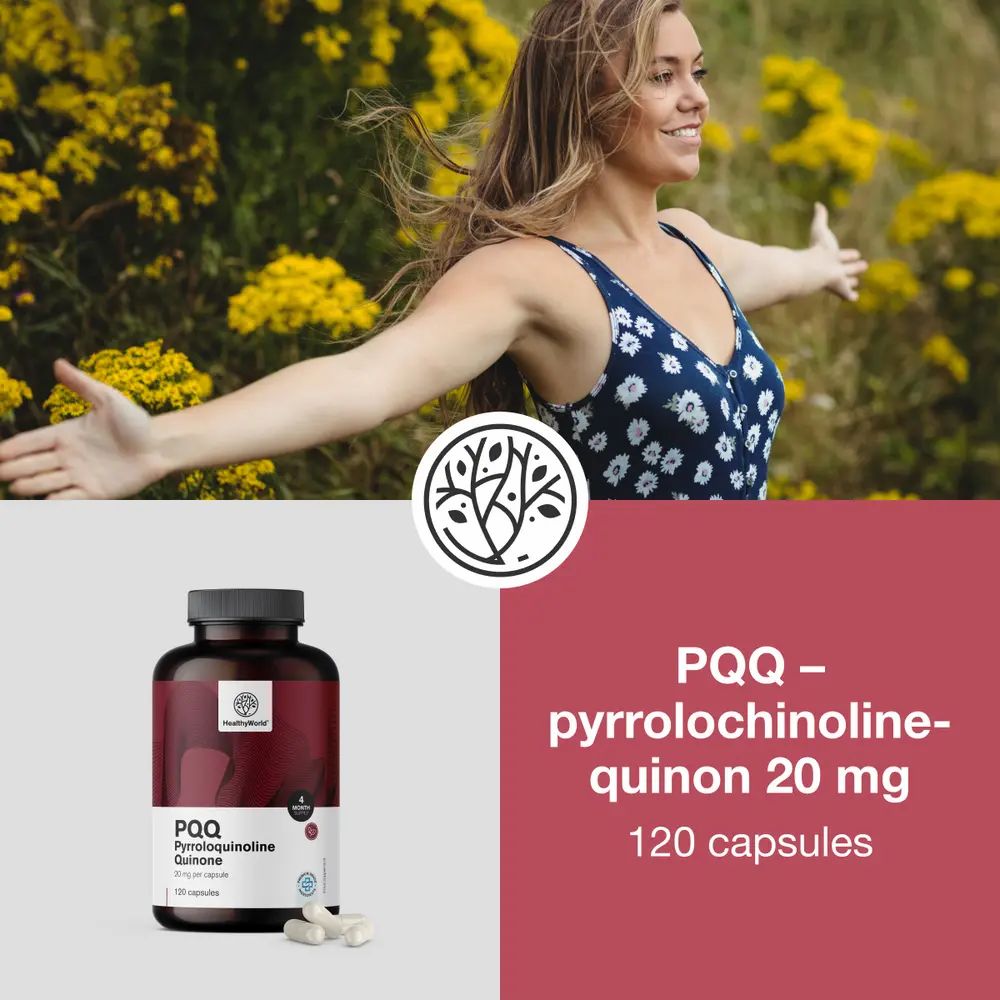 Vrouw buiten met fles en tekst: PQQ Pyrrolochinoline Quinone 20 mg, 120 capsules. Merk: HealthyWorld.