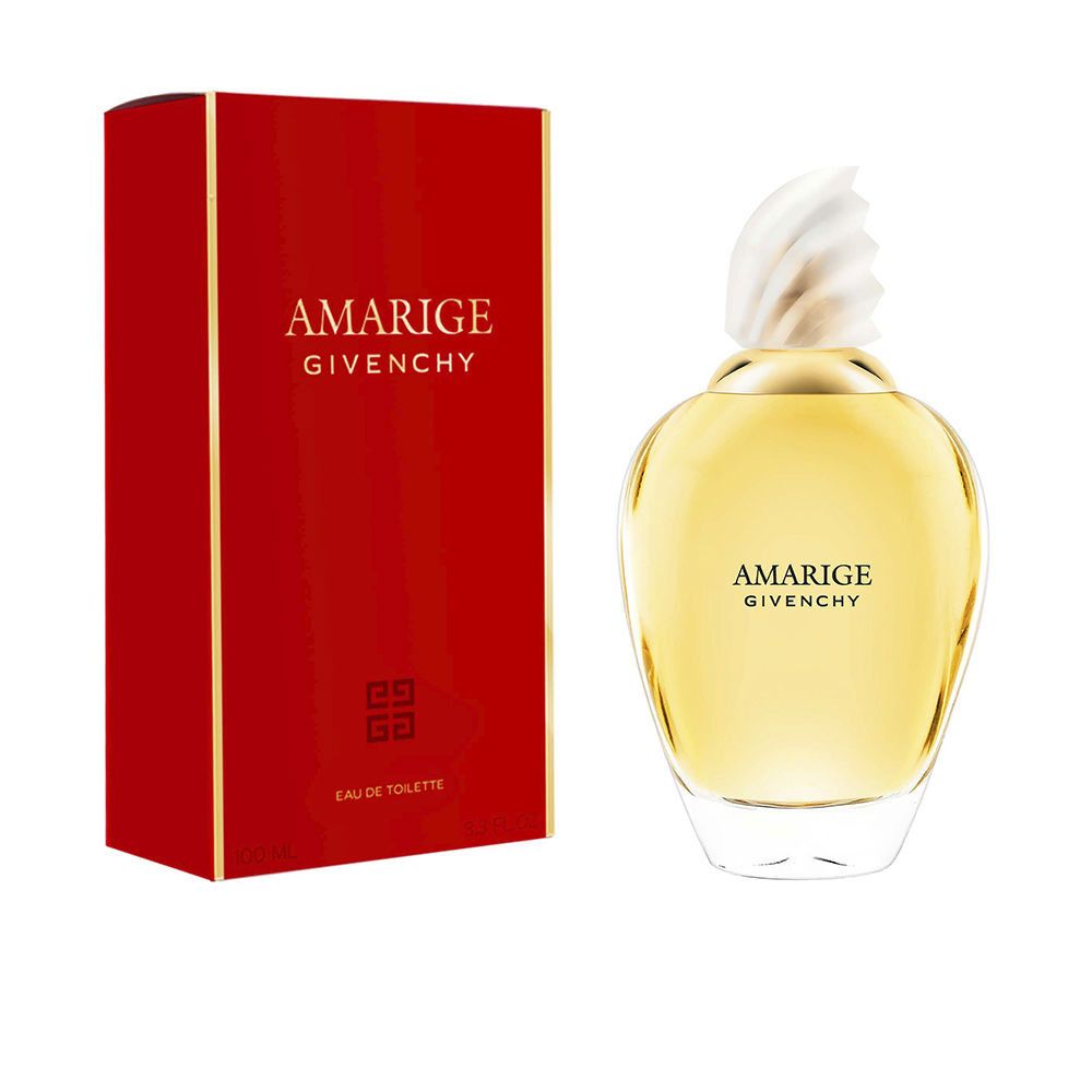 Flacon de parfum à côté d'un emballage rouge. Flacon avec liquide jaune. Inscription AMARIGE et GIVENCHY.