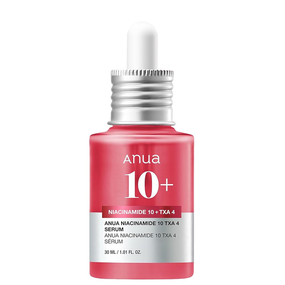 Anua Niacinamide 10%+TXA 4% serum in rode glazen fles met druppeldop.