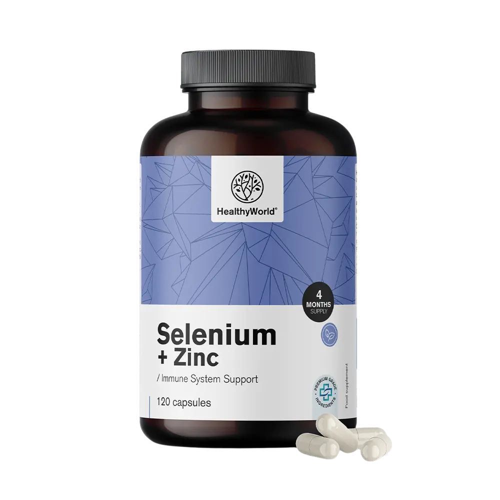 Bruine fles met capsules. Opschrift: Selenium + Zinc, 120 capsules. Logo: HealthyWorld.