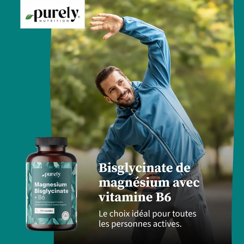 Homme s'étirant. Flacon de magnésium bisglycinate + B6. Texte: Idéal pour les personnes actives.