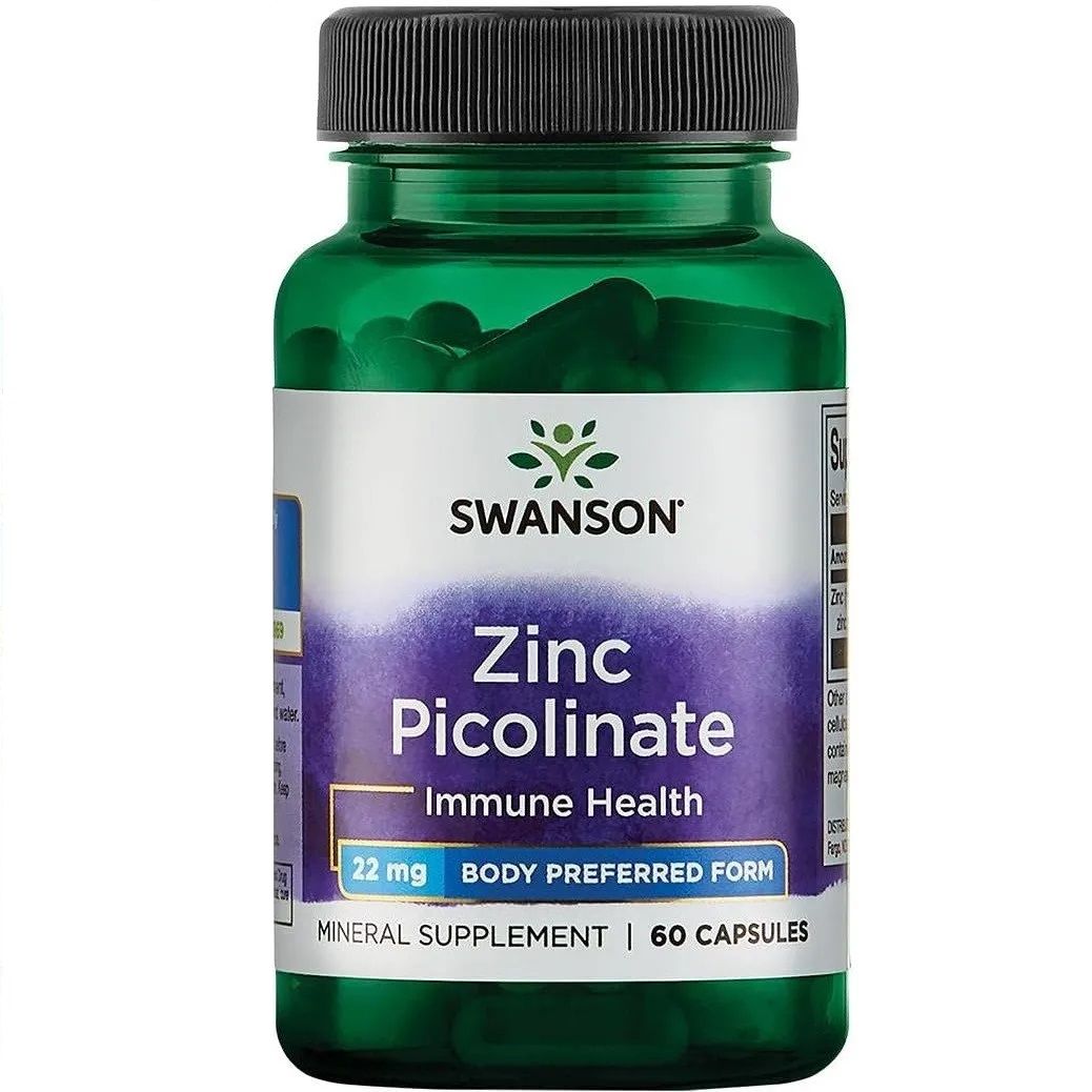 Flacon vert de gélules. Inscription: SWANSON, Zinc Picolinate, 22 mg, 60 capsules. Complément minéral.
