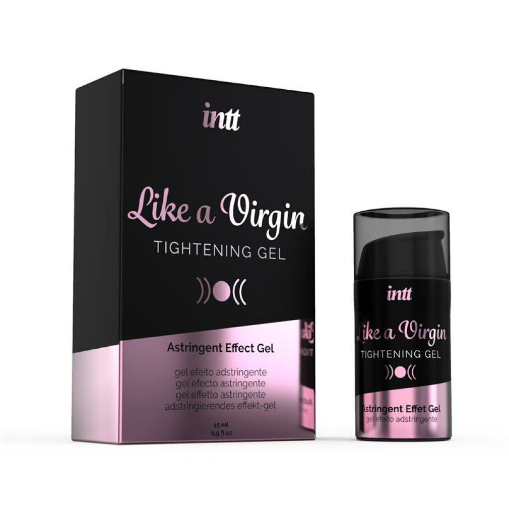 Emballage et flacon. Boîte noire et flacon avec texte: INTT, Like a Virgin, Tightening Gel, Astringent Effet Gel. Accent rose.