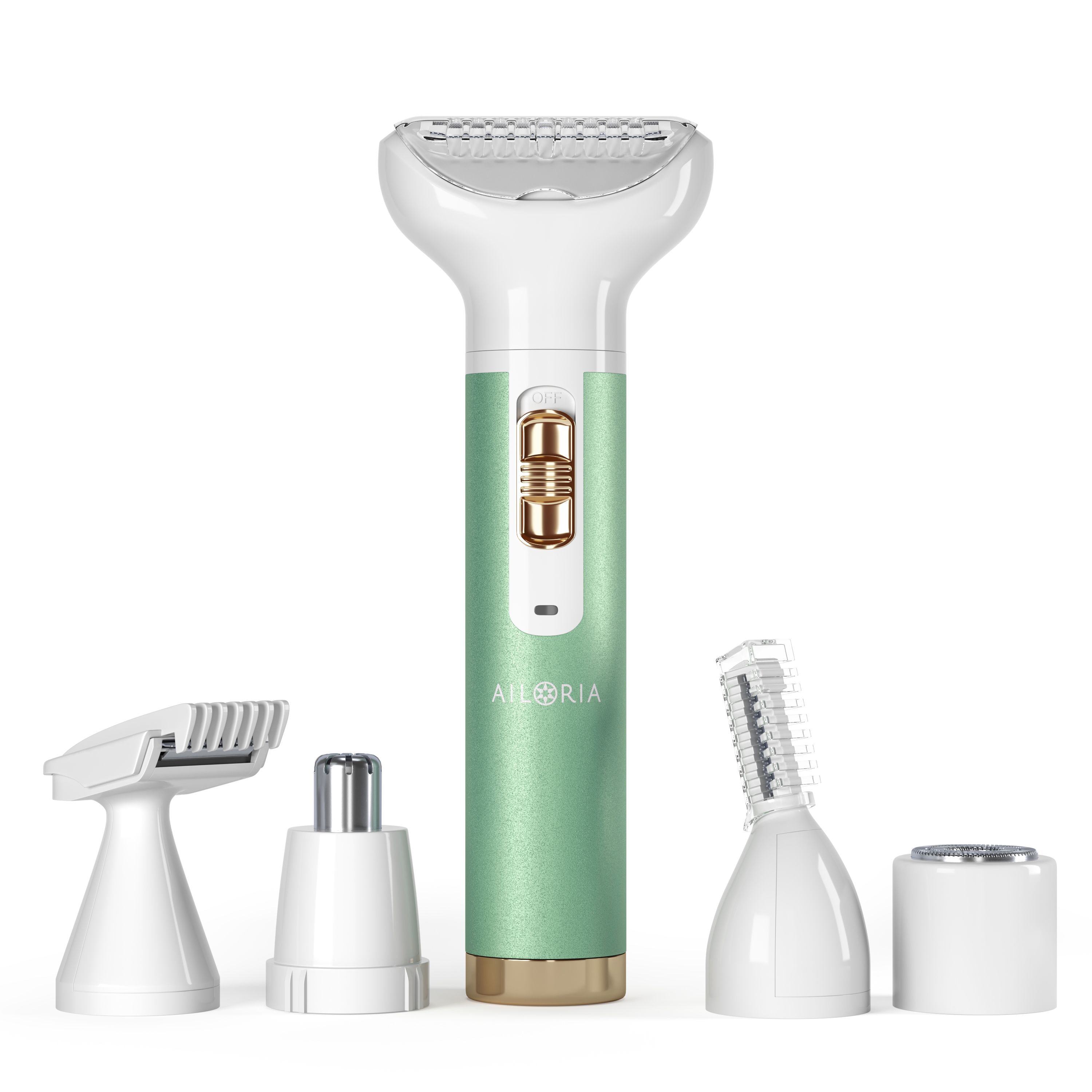 Rasoir avec plusieurs accessoires. Design vert et blanc. Accessoires pour différentes zones du corps.