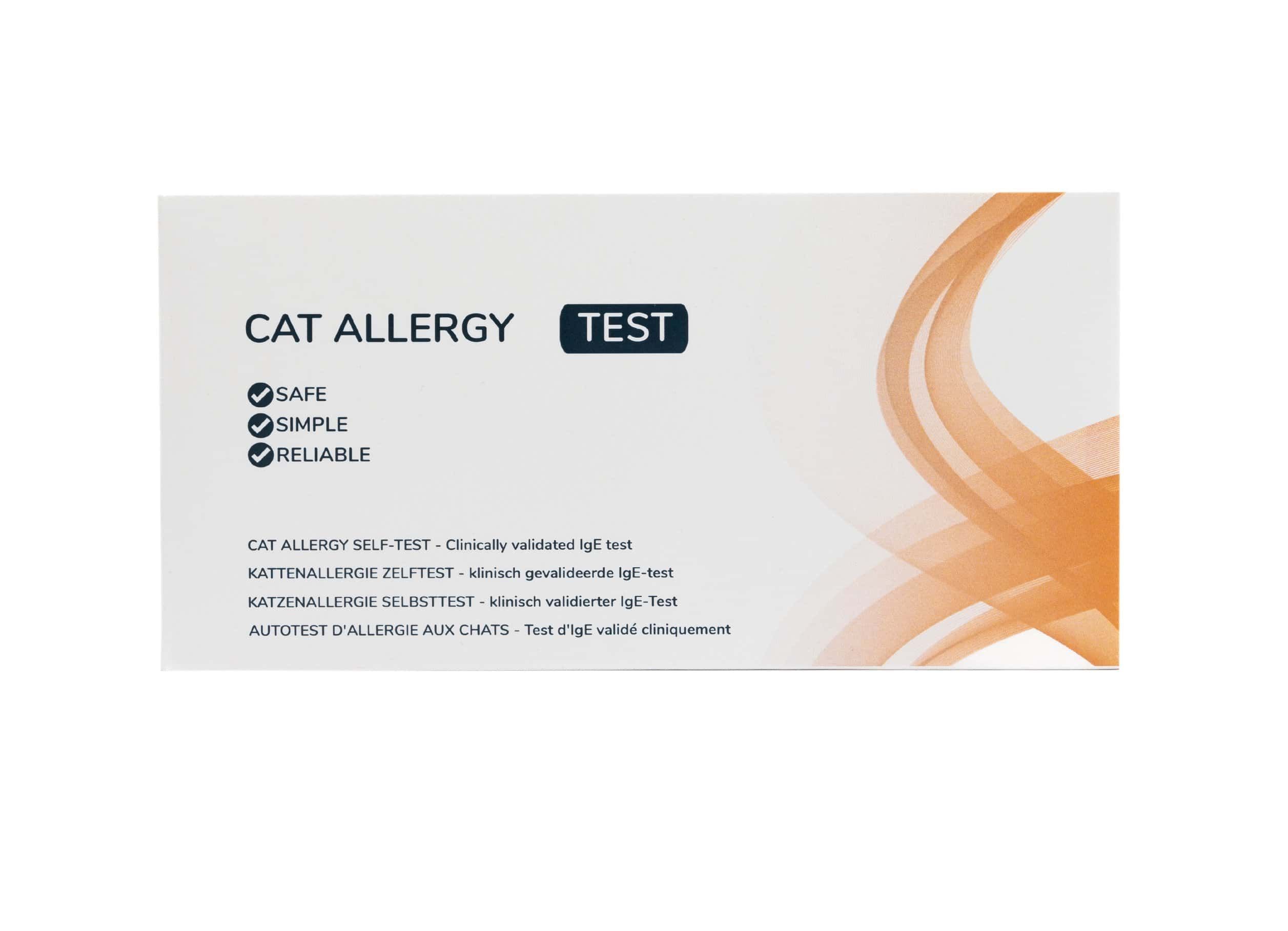 Verpakking van een kattenallergietest met de tekst 'CAT ALLERGY TEST', 'SAFE', 'SIMPLE', 'RELIABLE'.