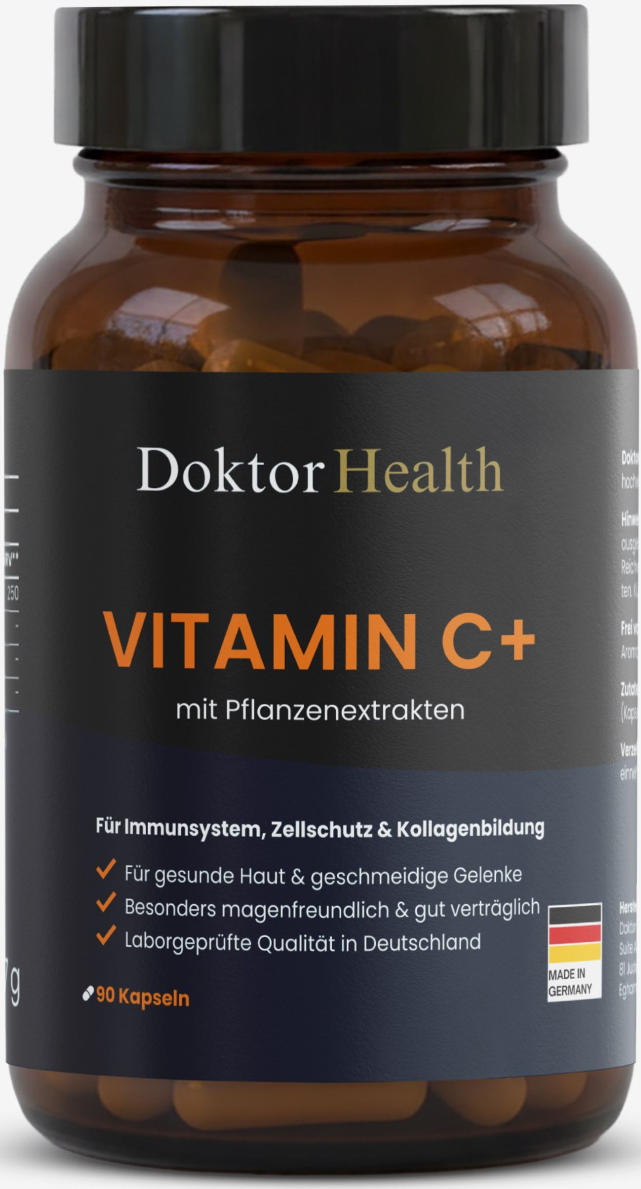 Flacon brun de gélules Vitamin C+. Inscription : Doktor Health, Vitamin C+ avec extraits de plantes. 90 gélules. Fabriqué en Allemagne.