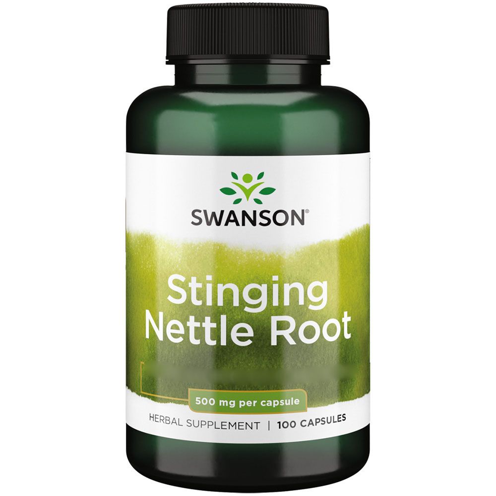 Flacon vert avec bouchon noir. Inscription: SWANSON, Stinging Nettle Root, 500 mg par capsule, Herbal Supplement | 100 capsules.
