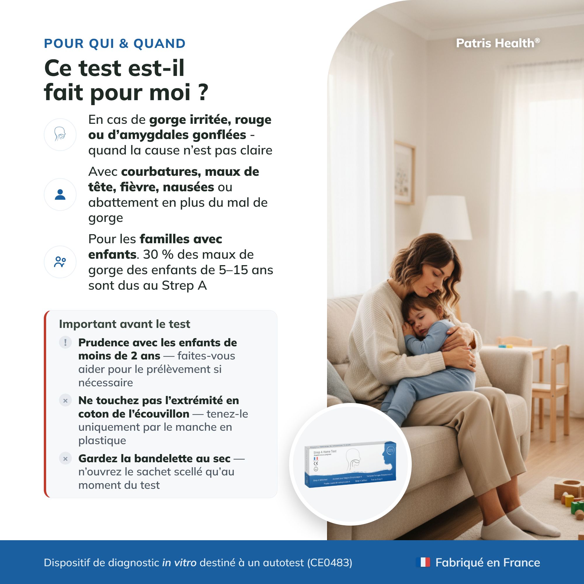 Page française pour qui et quand le test rapide Strep A Patris Health est adapté.