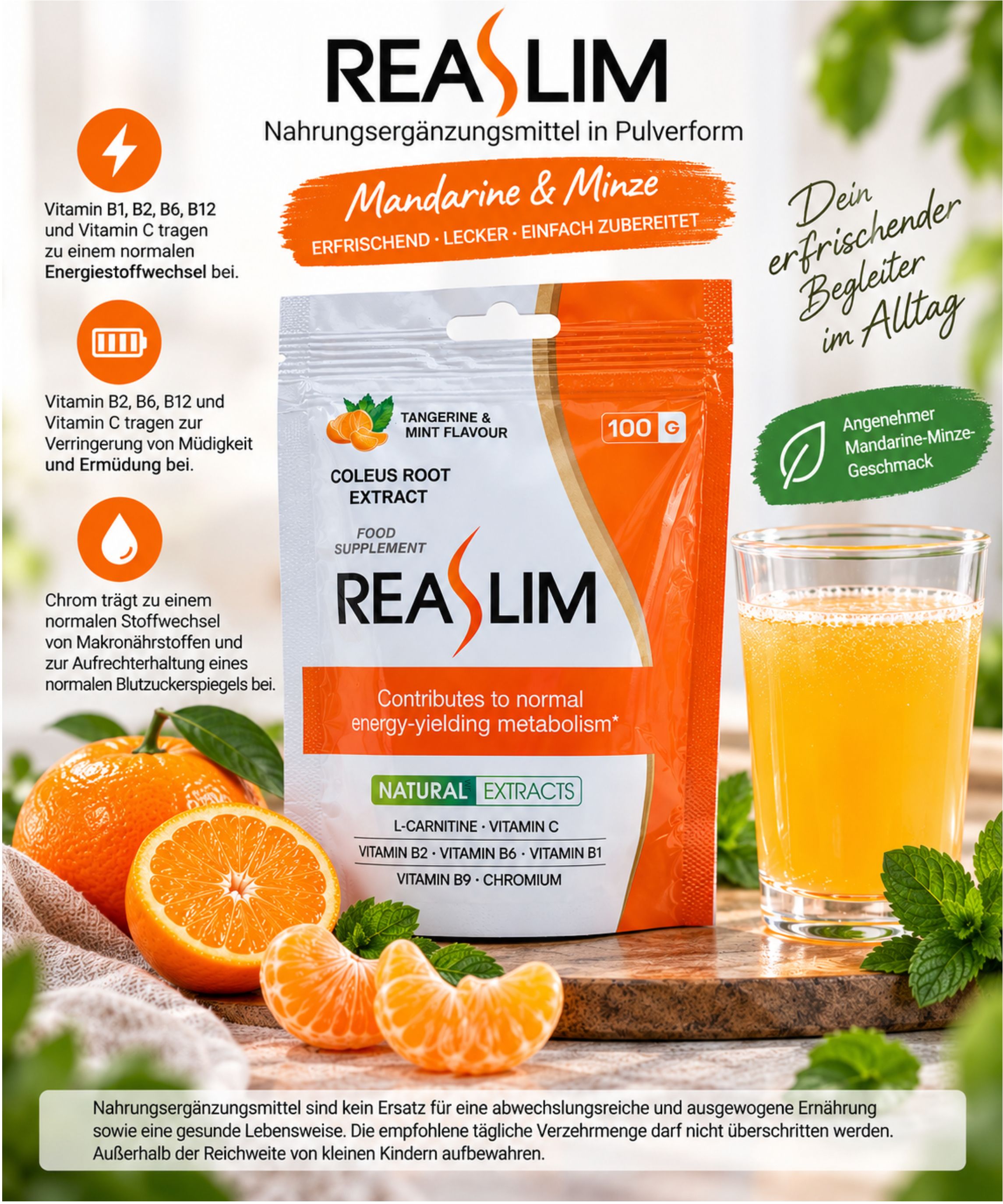 ReaSlim zakje van 100g, mandarijn & munt smaak. Bevat Coleus wortelextract, L-Carnitine, vitaminen.