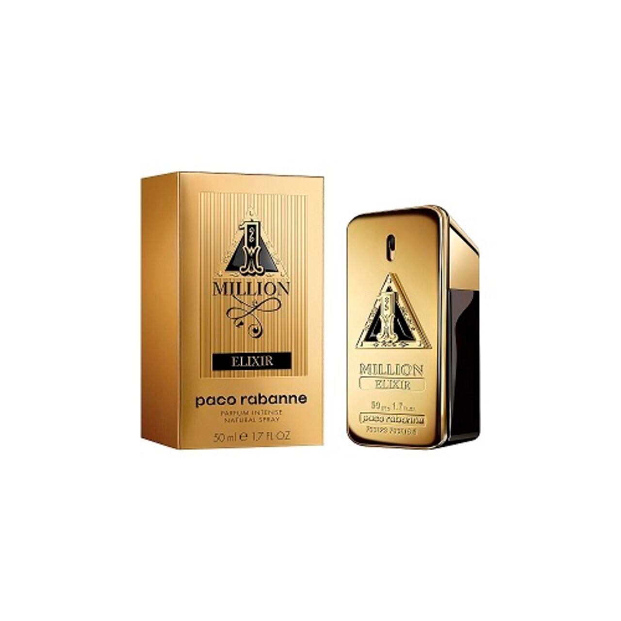 Gouden doos en fles. Opschrift: Million Elixir. 50 ml.