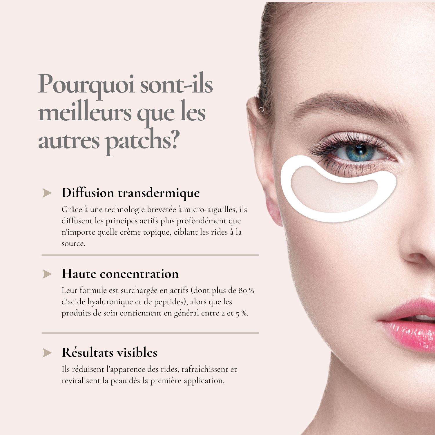 Femme avec patchs yeux. Texte : Pourquoi sont-ils meilleurs ? Administration transdermique.