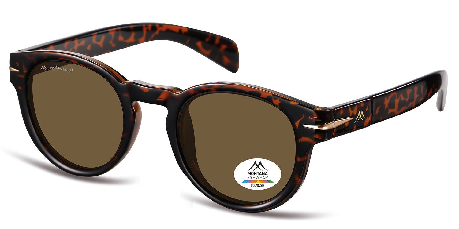 Lunettes de soleil, verres bruns, monture écaille. Logo Montana Eyewear et autocollant Polarized.