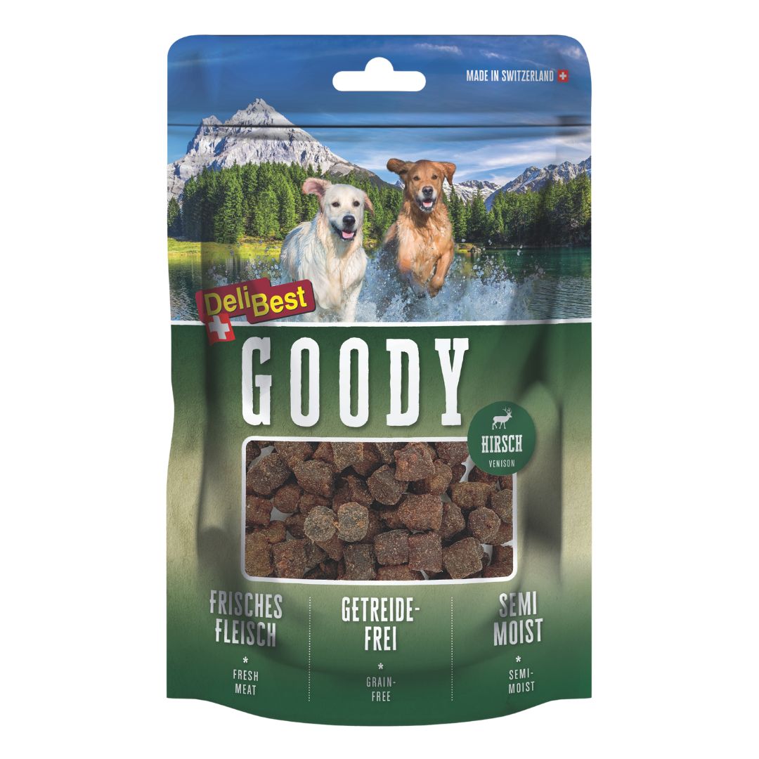 Verpakking hondenvoer. Opschrift "GOODY HIRSCH". Bevat blokjes. "Vers vlees", "Graanvrij", "Semi-vochtig". Merk: DeliBest.