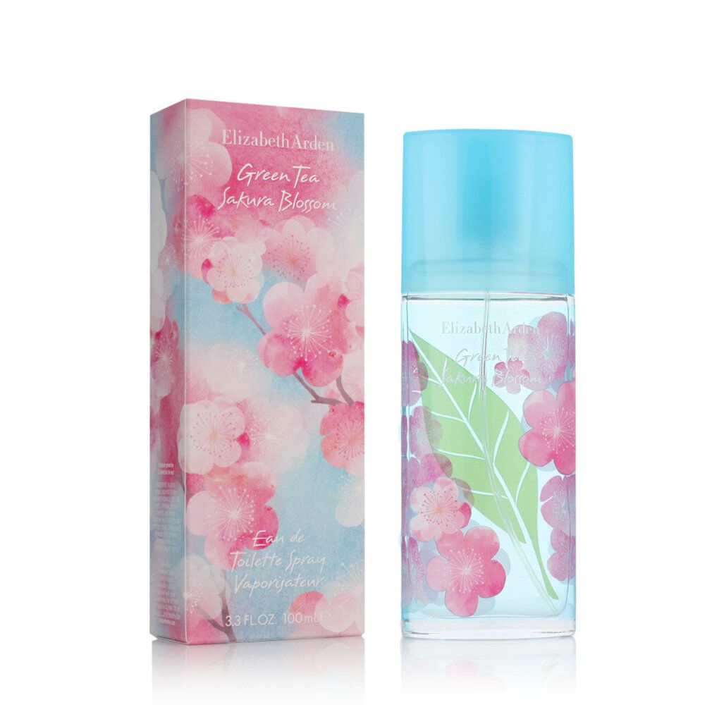 Fles en doos met bloemenpatroon. Opschrift: Elizabeth Arden Green Tea Sakura Blossom. Lichtblauwe dop.