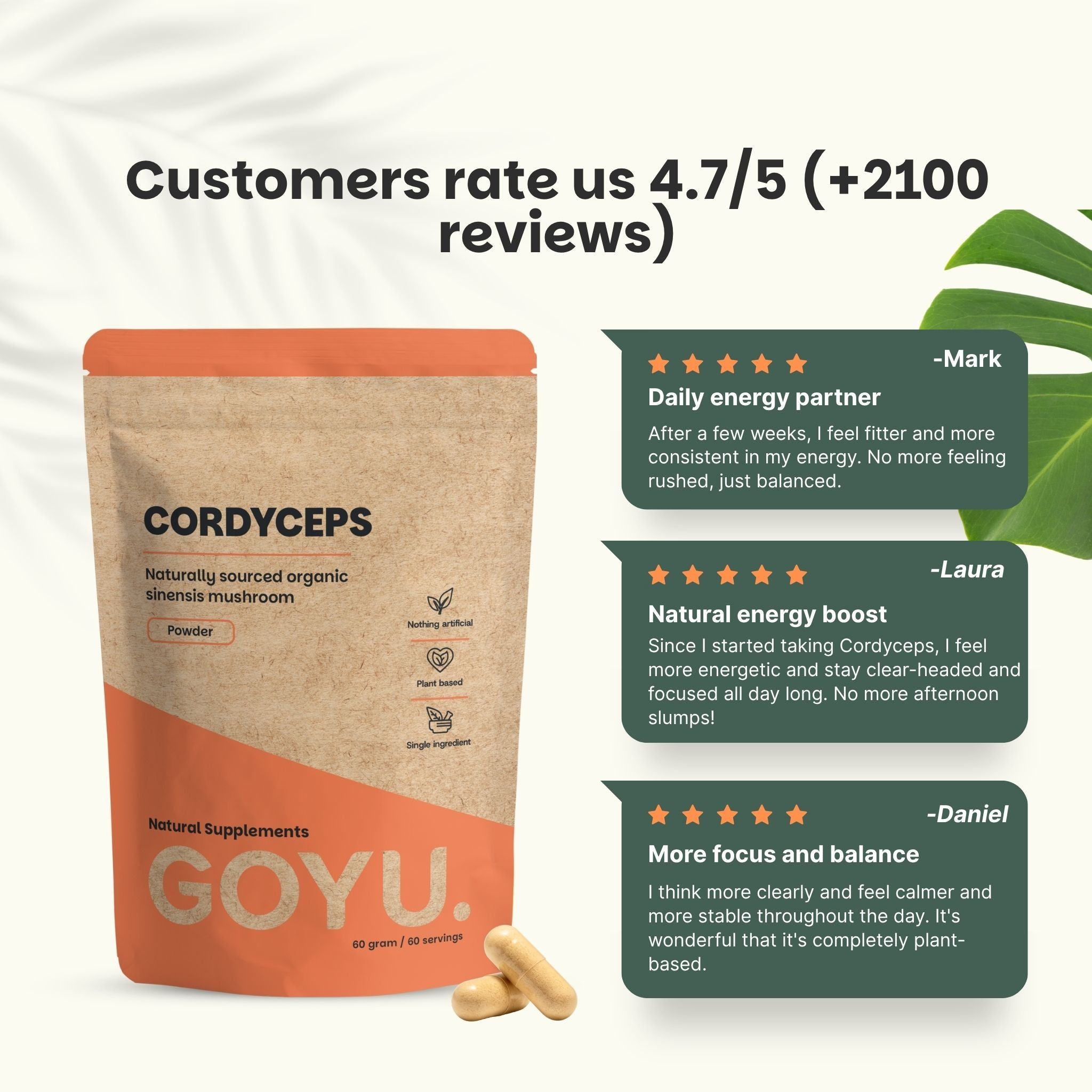 Paquet de capsules de Cordyceps avec des avis clients et des étoiles.