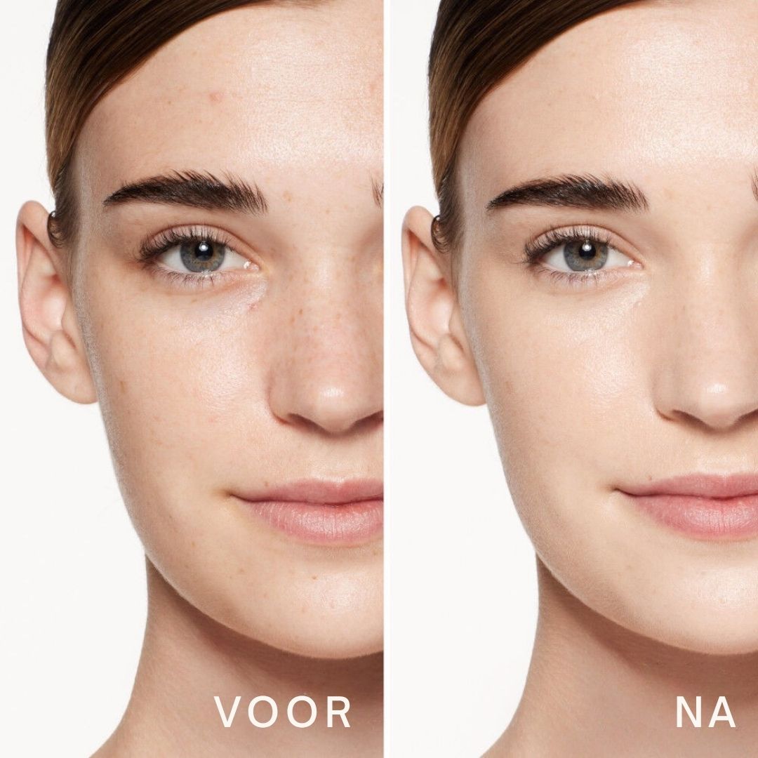 Voor-na vergelijking. Gezichtshelften tonen huid voor en na gebruik. Duidelijke verbetering.