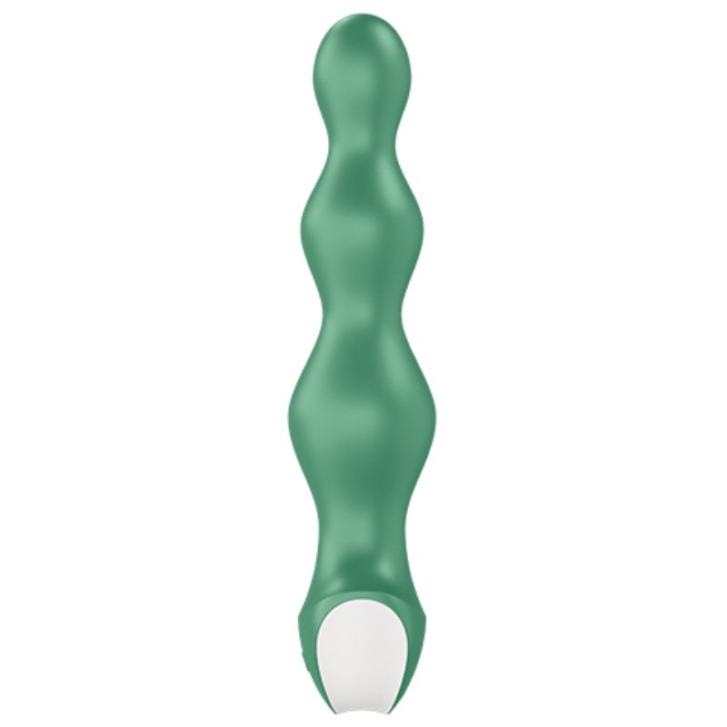 Vibrateur anal vert à la forme incurvée et à base large.