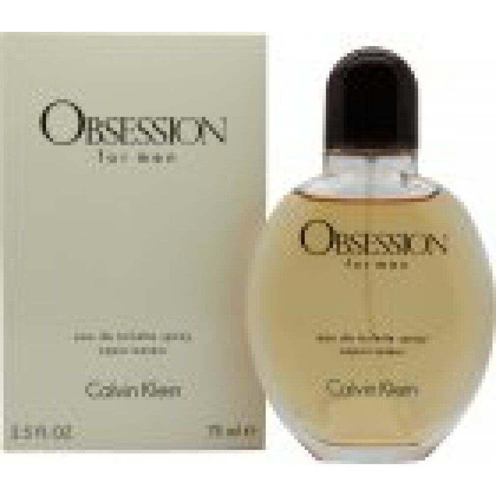 Fles en verpakking Obsession for men Eau de Toilette. Ronde fles, lichtbruin glas. Beige doos met naam en logo.
