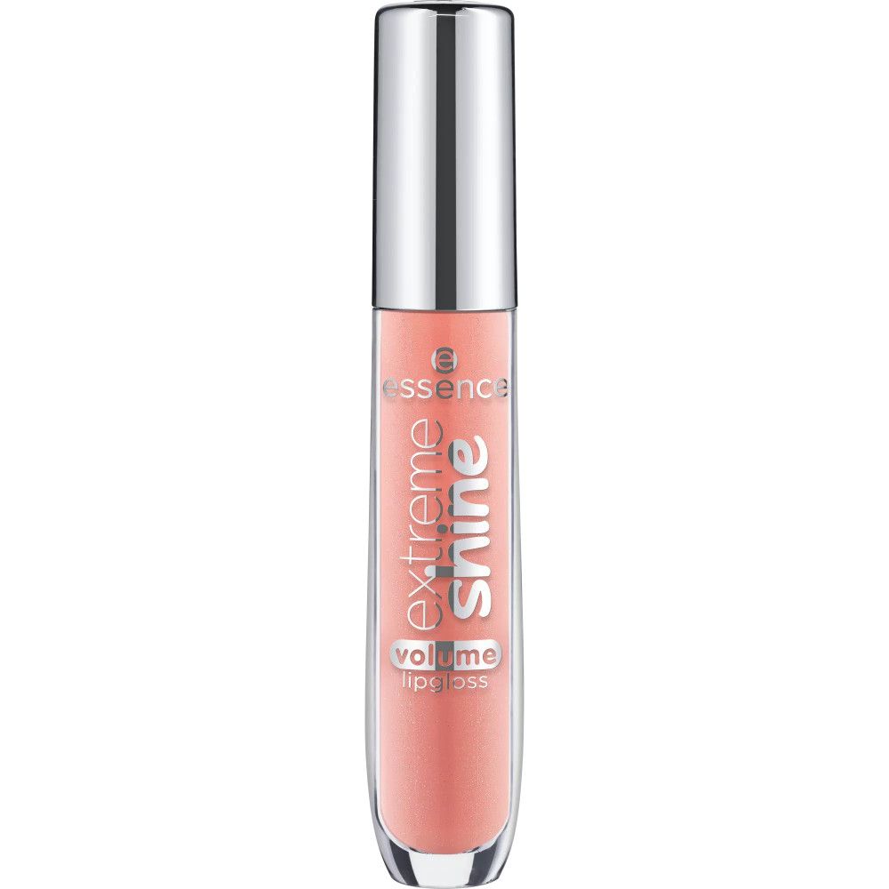 Essence Extreme Shine Lipgloss. Transparante tube met zilveren dop. Roze lipgloss met tekst.