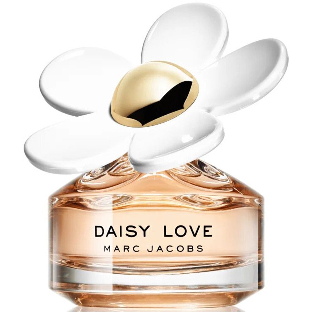 Flacon de parfum avec fleur blanche et centre doré. Inscription : Daisy Love Marc Jacobs.