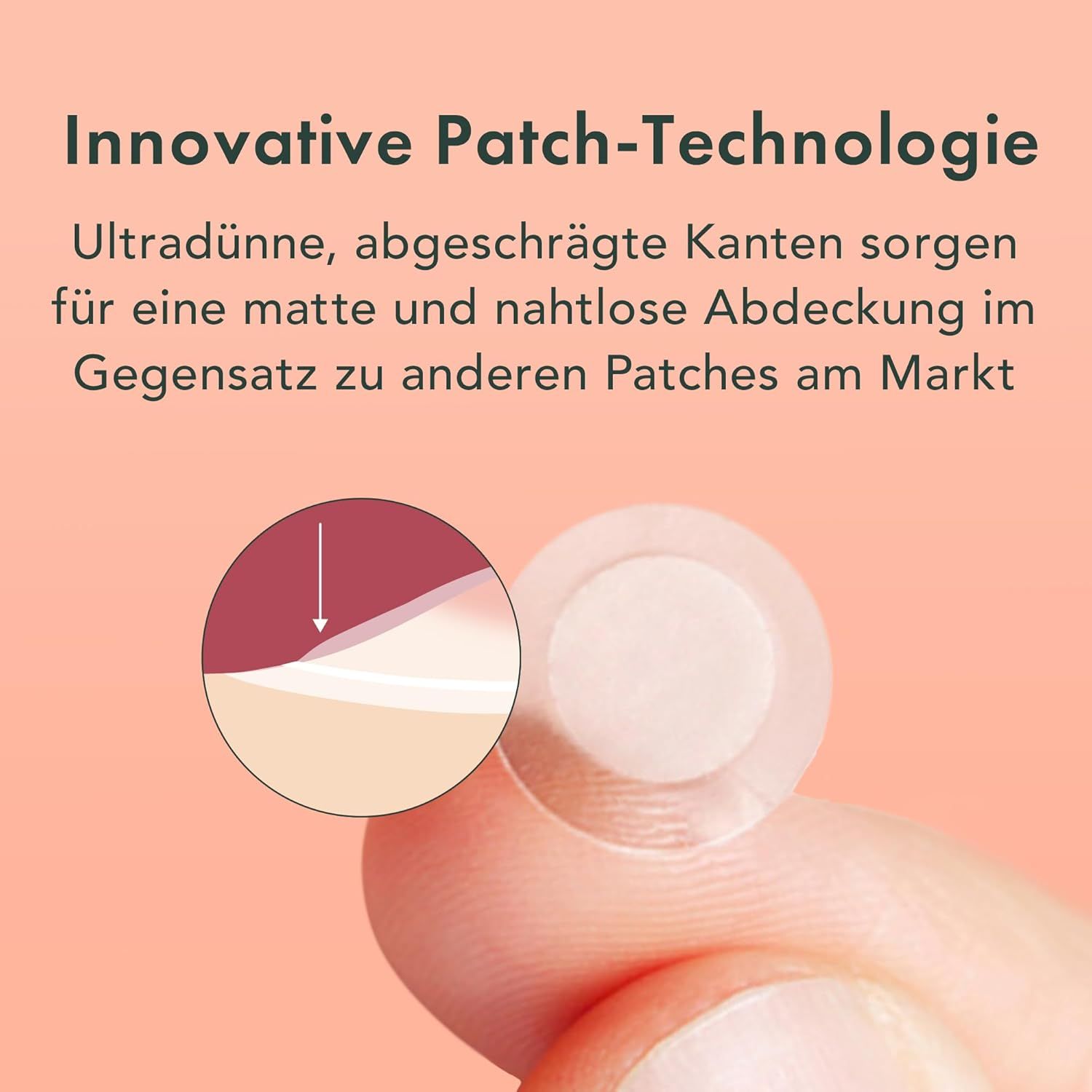 Close-up van een pleister op een vinger. Tekst: Innovatieve patchtechnologie. Ultradunne, afgeschuinde randen.