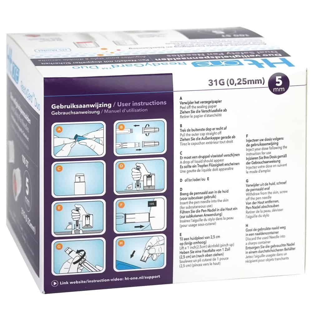 Emballage de canules de sécurité HT One ReadyGard Duo avec instructions d'utilisation et illustrations.