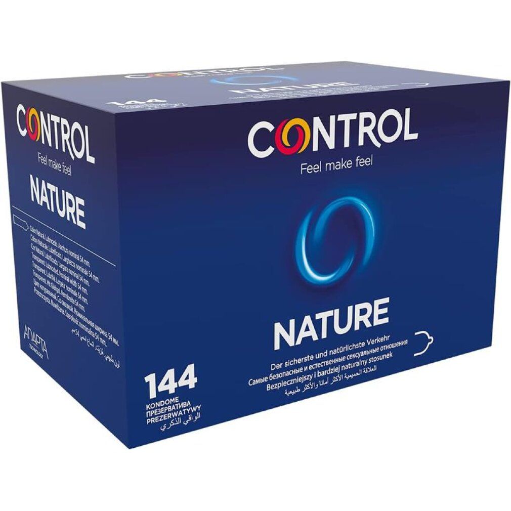 Préservatifs Control Nature, boîte de 144. Emballage bleu avec logo et informations produit.