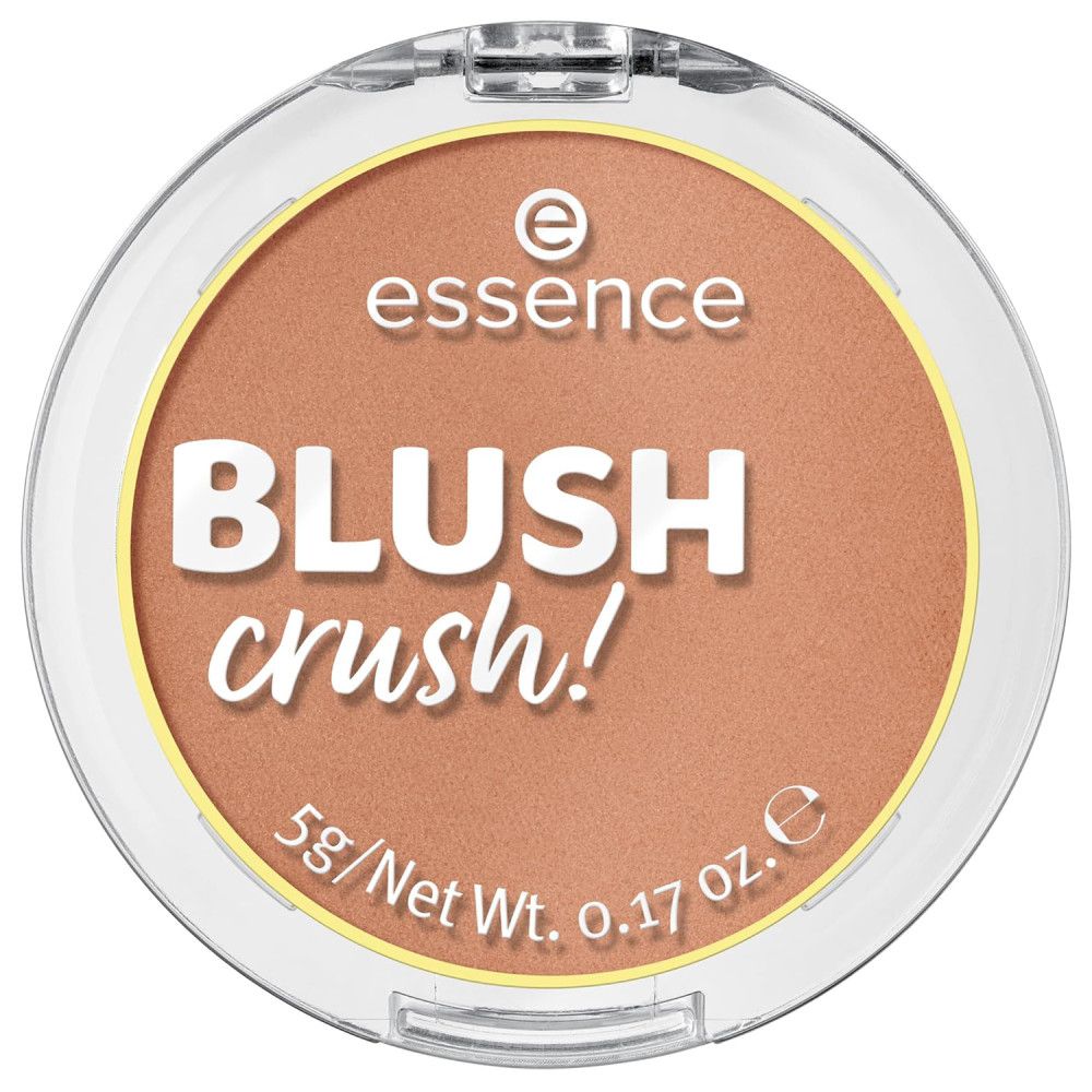 Ronde blush in transparante verpakking. Opschrift "essence BLUSH crush!". Gewicht: 5g/Net Wt. 0.17 oz.