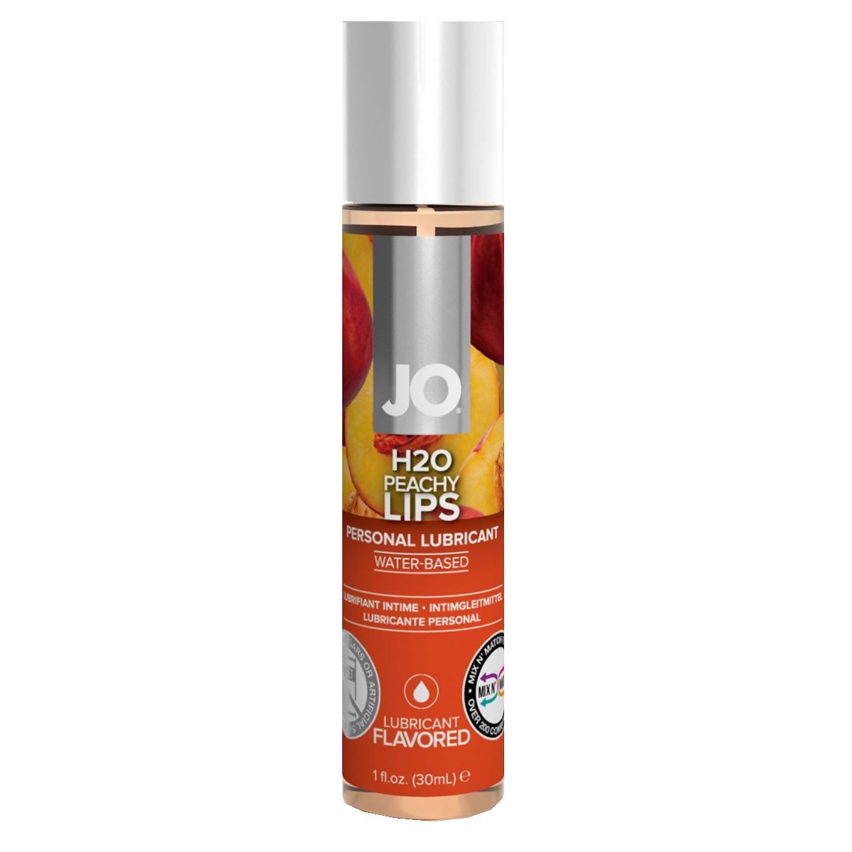 Flacon cylindrique à bouchon argenté. Inscription: JO H2O Peachy Lips, Personal Lubricant, Water Based, Lubricant Flavored.