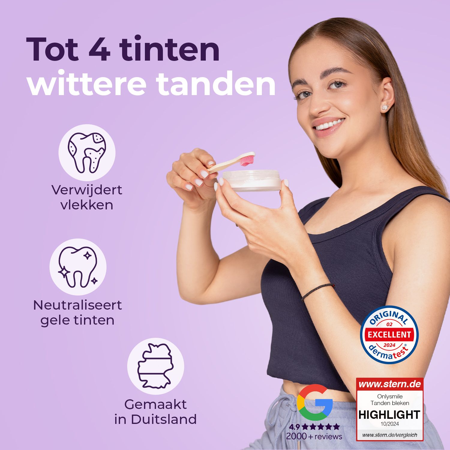 Vrouw met tandbleekpoeder. Grafieken tonen voordelen. Dermatest-zegel.