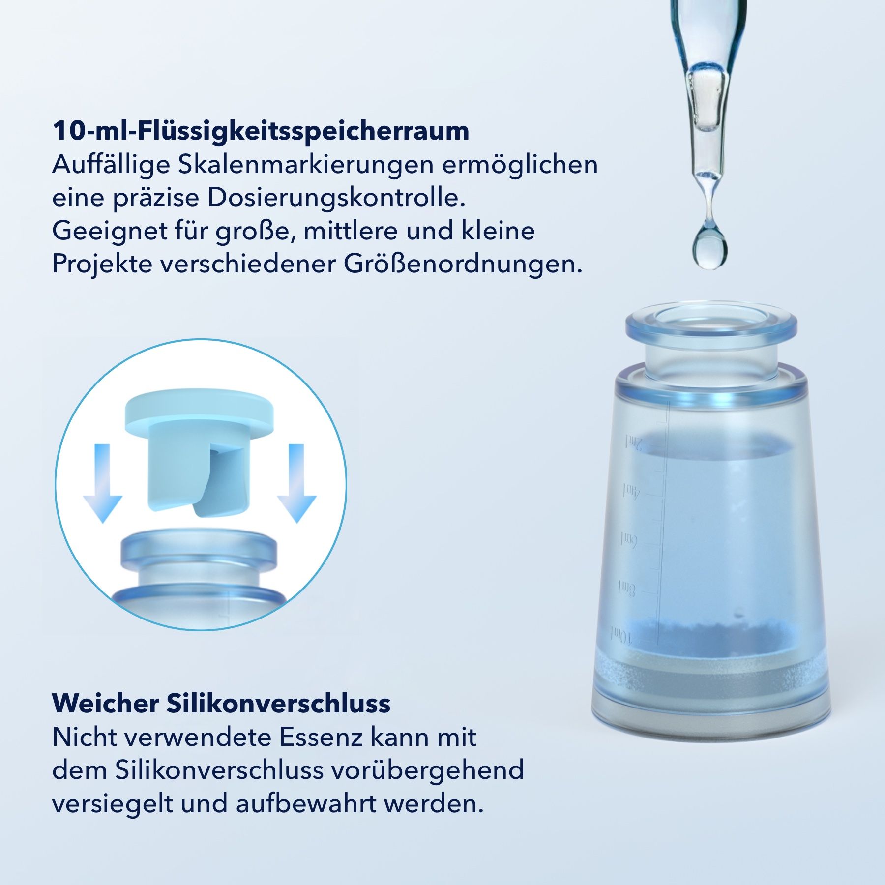 10 ml vloeistoftank met schaalverdelingen en siliconen afsluiting.