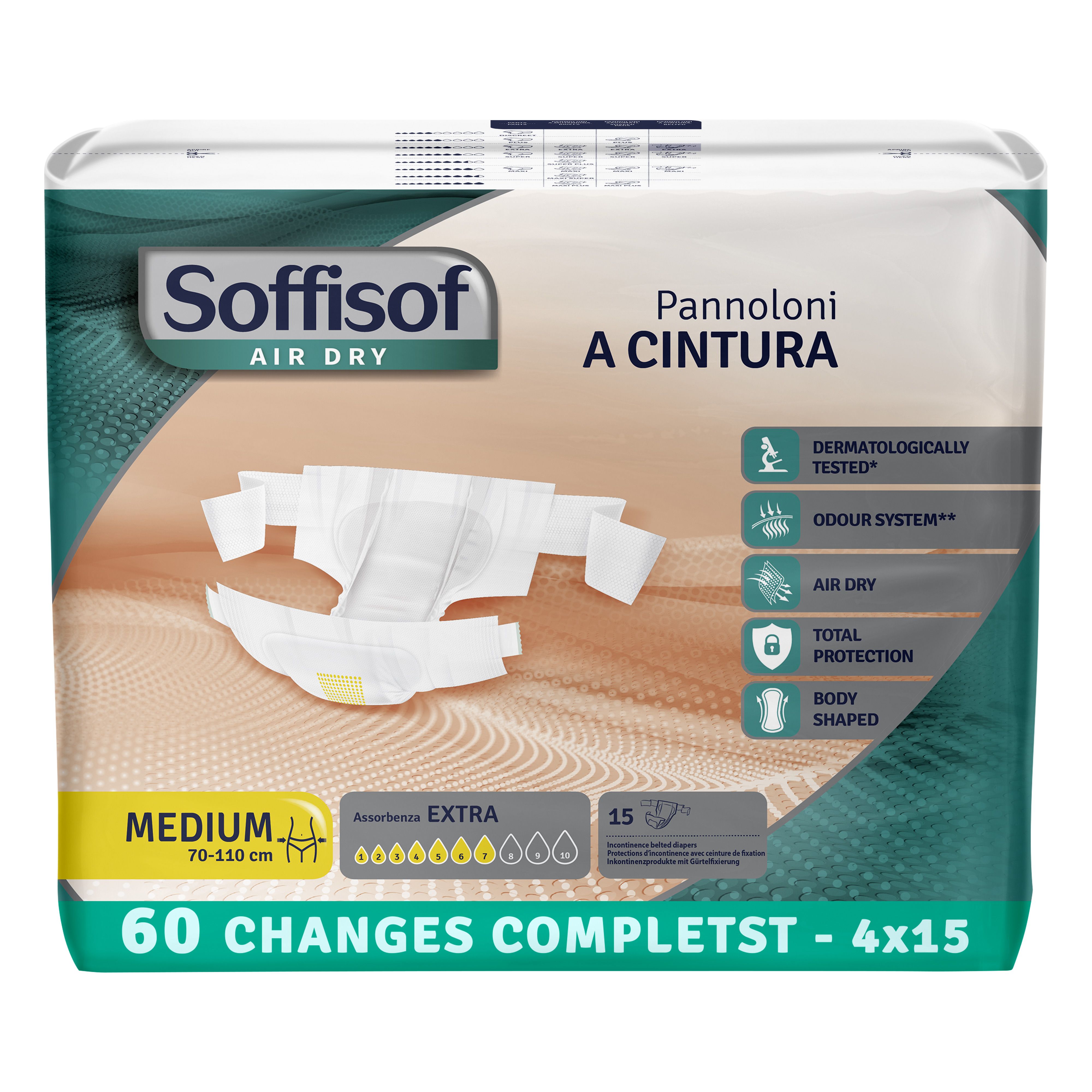 Paquet de Soffisof, protection contre l'incontinence avec ceinture, Extra, Medium, 60 pièces. Design vert et blanc.
