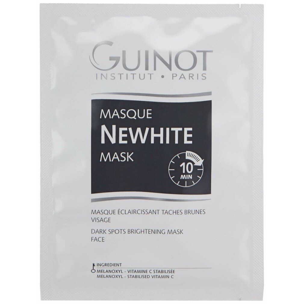 Sachet individuel Guinot Newhite Mask. Inscription: Newhite, Masque, 10 Min. Marque: Guinot. Description: Masque Éclaircissant Taches Brunes, Face.